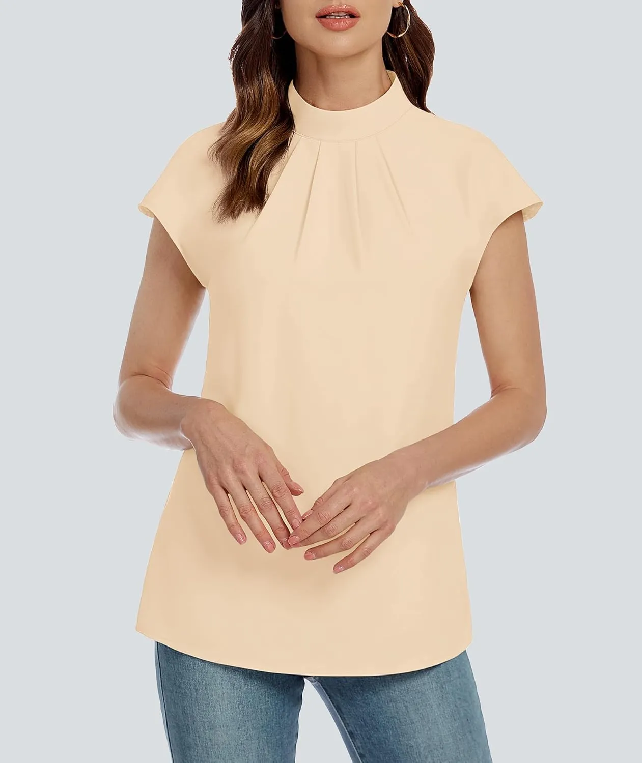 Funlingo Womens Summer Tops Mock Neck Short Cap Sleeve Blouses Business Casual Work Chiffon Shirts Front Pleated Tunic Top