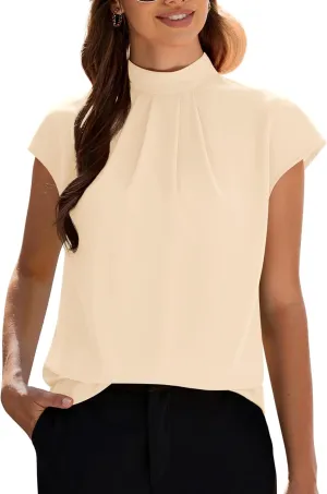 Funlingo Womens Summer Tops Mock Neck Short Cap Sleeve Blouses Business Casual Work Chiffon Shirts Front Pleated Tunic Top