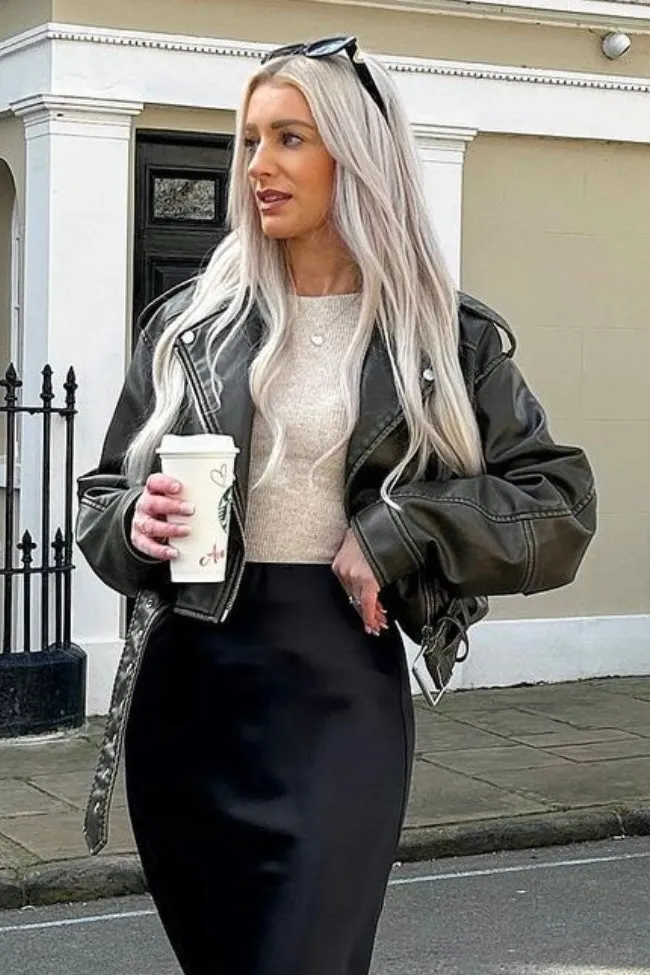 Imane Black Washed Faux Leather PU Zip Up Belted Cropped Biker Jacket