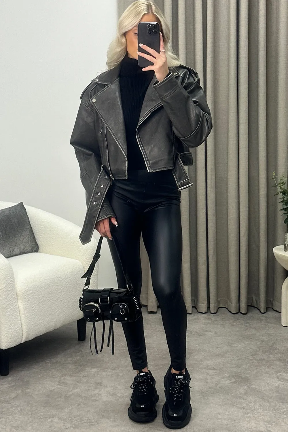 Imane Black Washed Faux Leather PU Zip Up Belted Cropped Biker Jacket