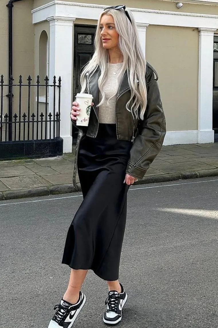 Imane Black Washed Faux Leather PU Zip Up Belted Cropped Biker Jacket
