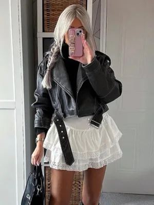 Imane Black Washed Faux Leather PU Zip Up Belted Cropped Biker Jacket