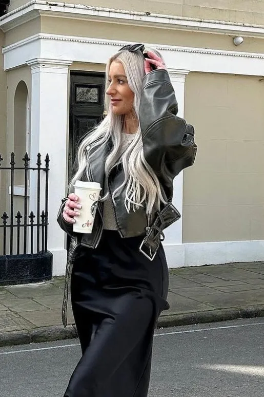 Imane Black Washed Faux Leather PU Zip Up Belted Cropped Biker Jacket