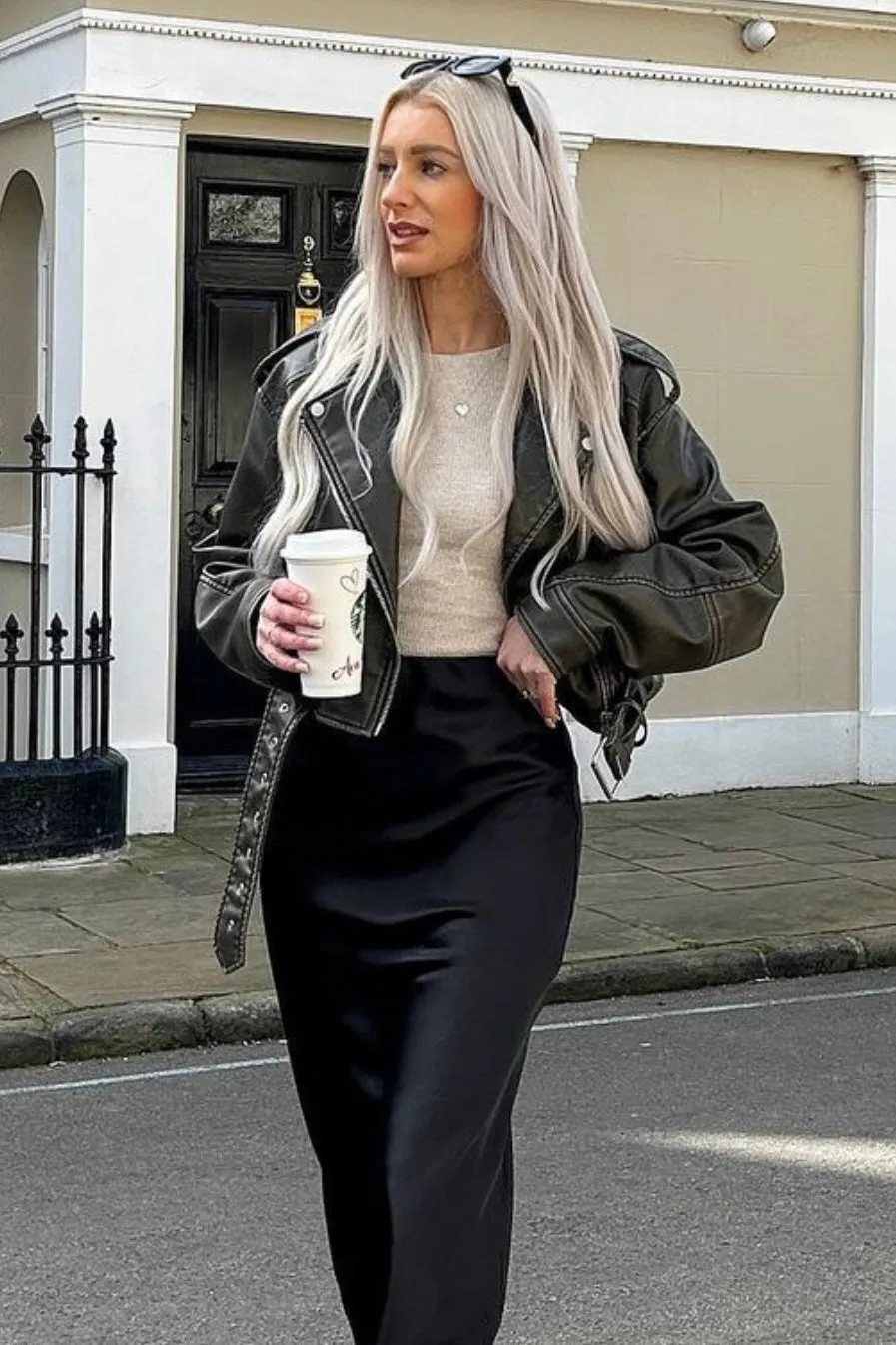 Imane Black Washed Faux Leather PU Zip Up Belted Cropped Biker Jacket