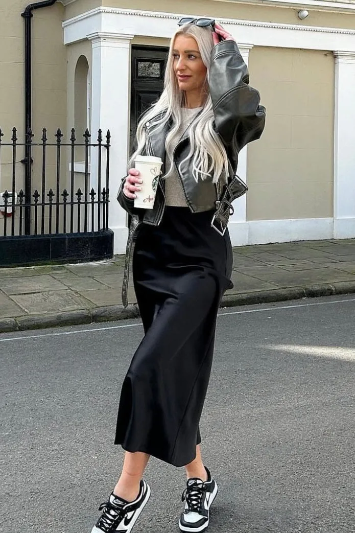 Imane Black Washed Faux Leather PU Zip Up Belted Cropped Biker Jacket