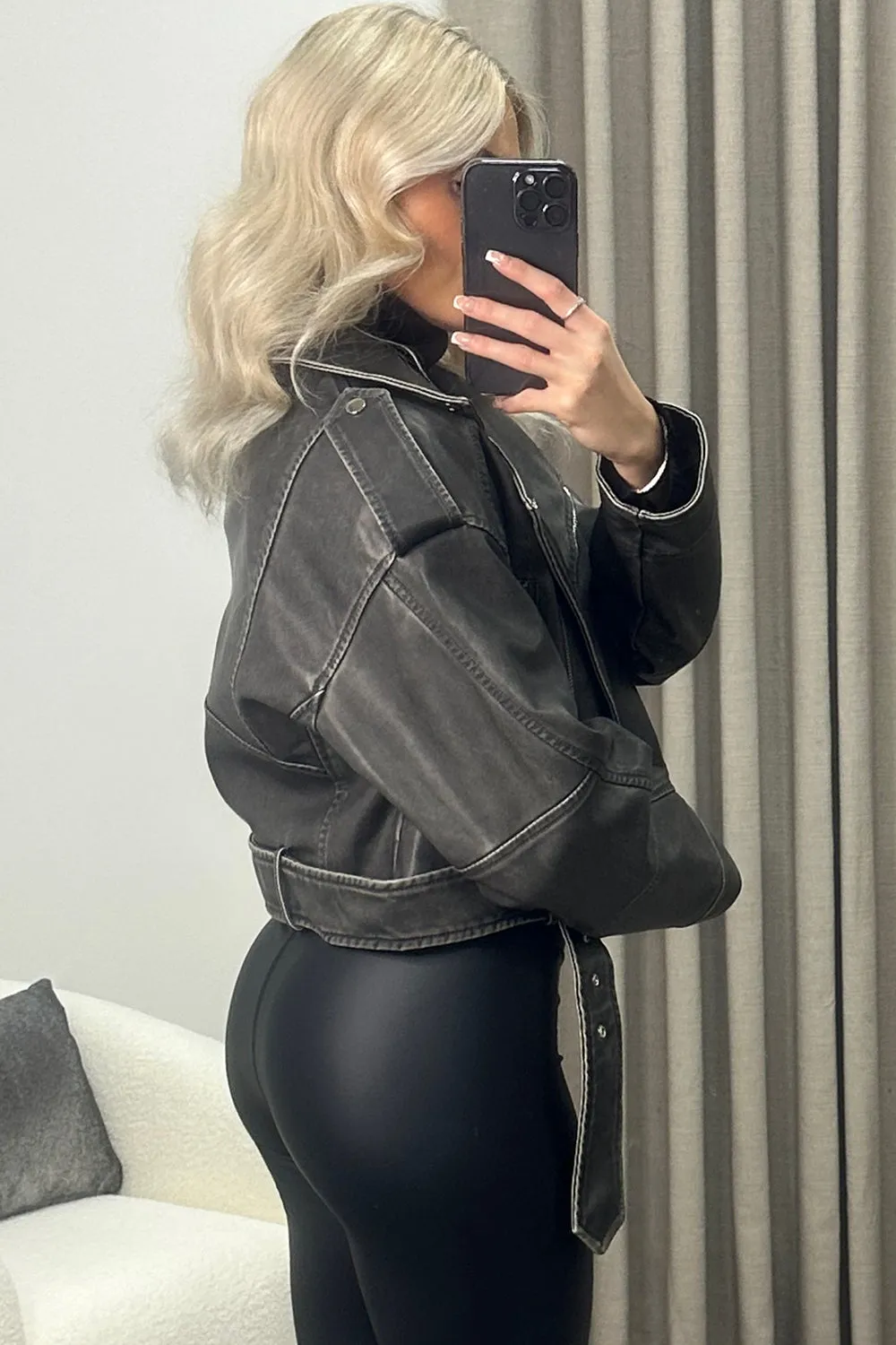 Imane Black Washed Faux Leather PU Zip Up Belted Cropped Biker Jacket