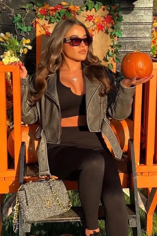 Imane Black Washed Faux Leather PU Zip Up Belted Cropped Biker Jacket