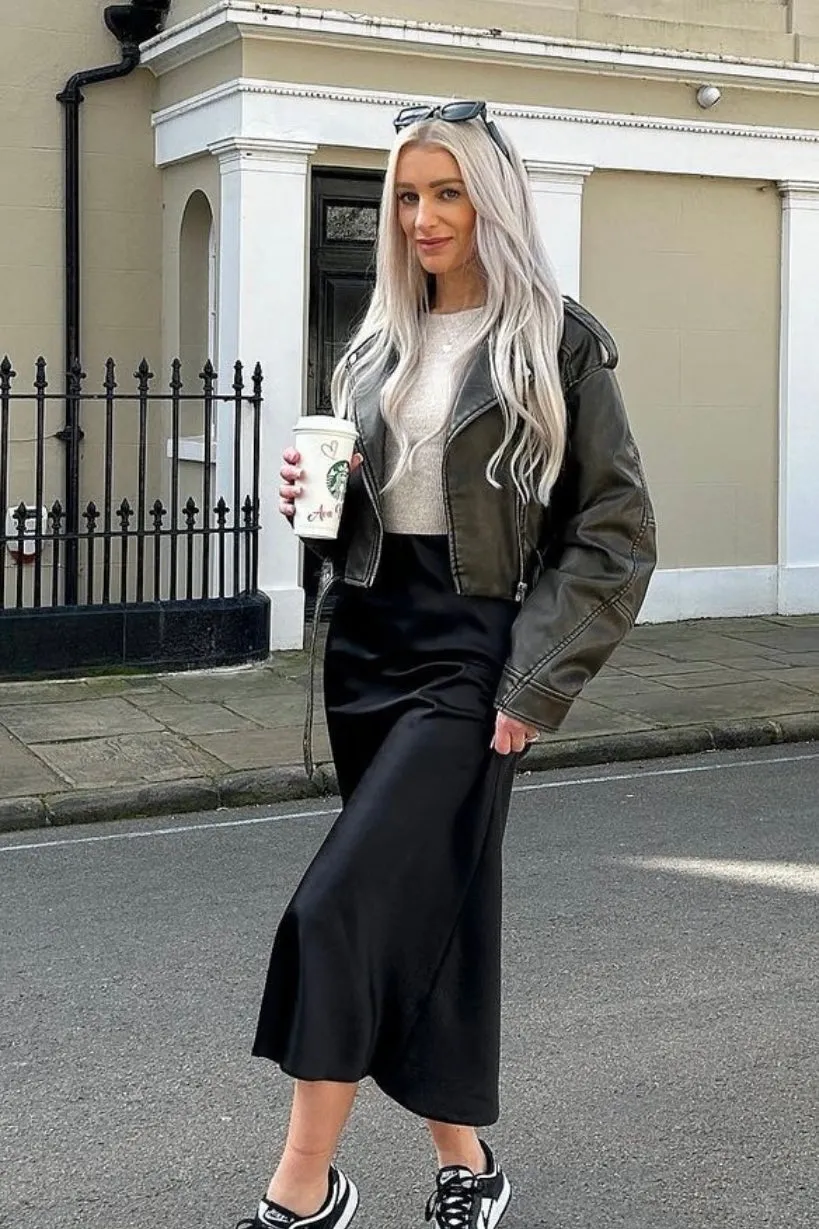 Imane Black Washed Faux Leather PU Zip Up Belted Cropped Biker Jacket