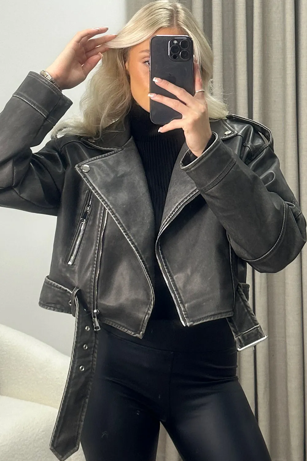Imane Black Washed Faux Leather PU Zip Up Belted Cropped Biker Jacket