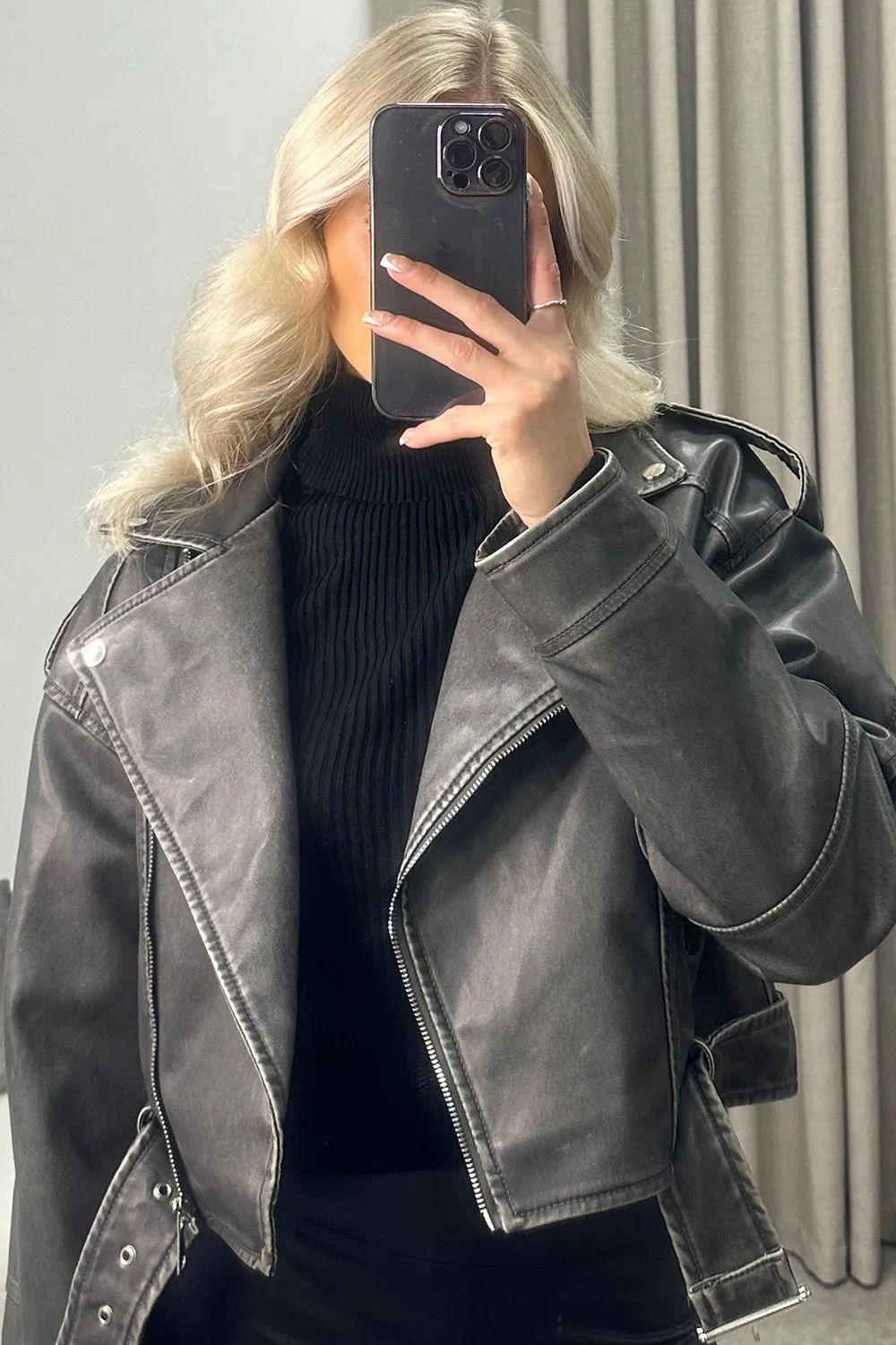 Imane Black Washed Faux Leather PU Zip Up Belted Cropped Biker Jacket