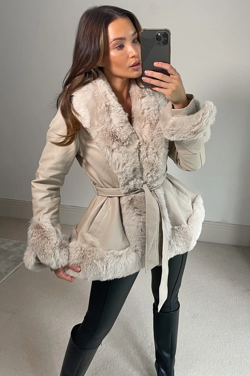 Izzy Beige PU Faux Leather Faux Fur Trim Belted Coat