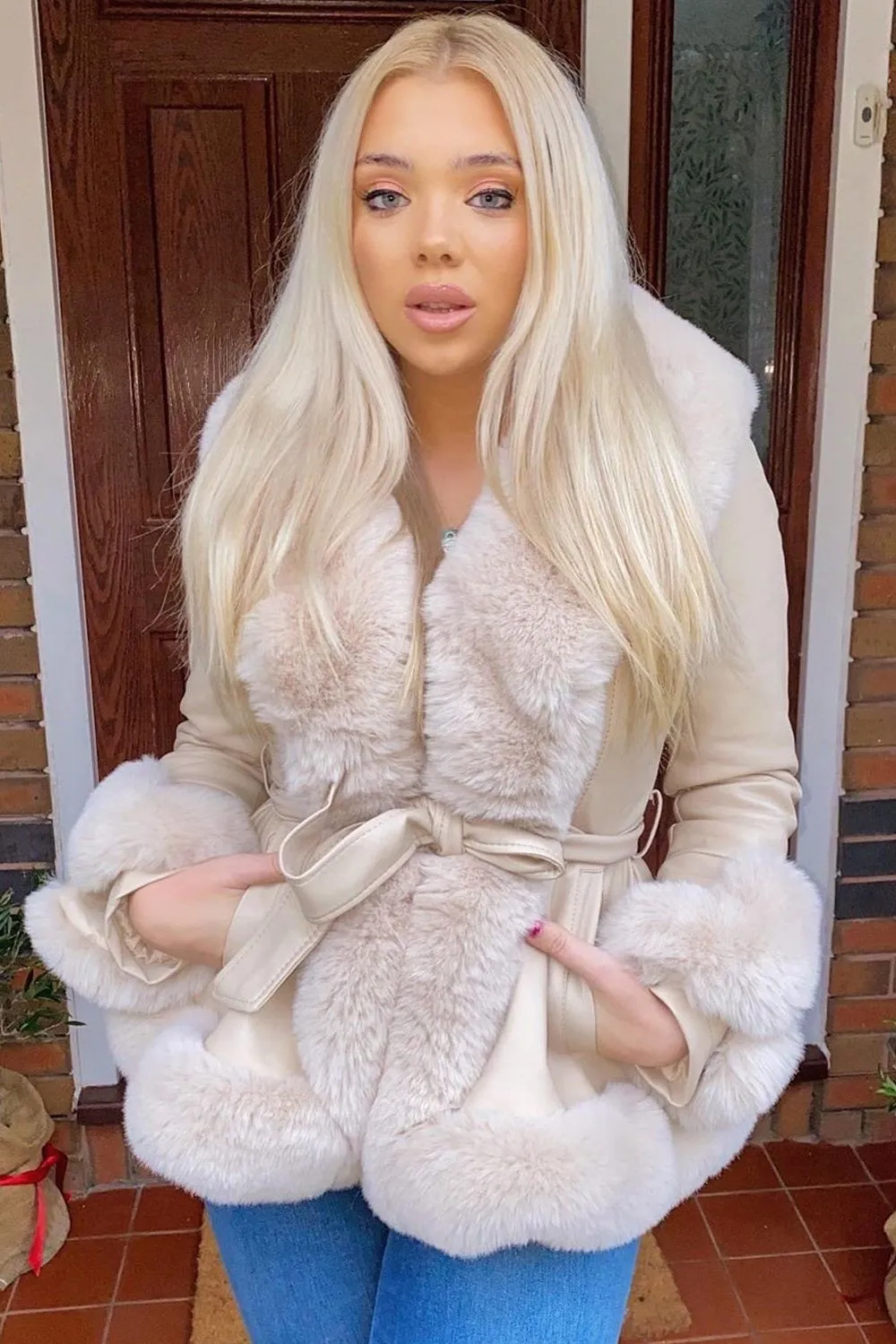 Izzy Beige PU Faux Leather Faux Fur Trim Belted Coat