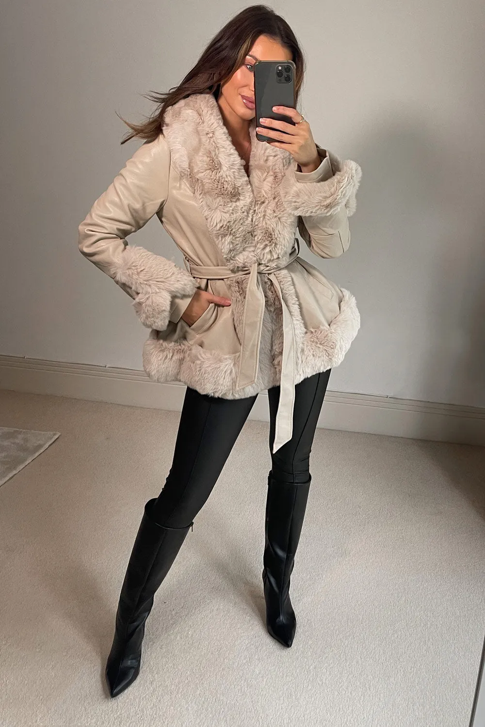 Izzy Beige PU Faux Leather Faux Fur Trim Belted Coat