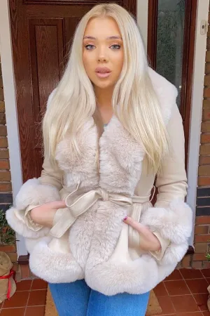 Izzy Beige PU Faux Leather Faux Fur Trim Belted Coat