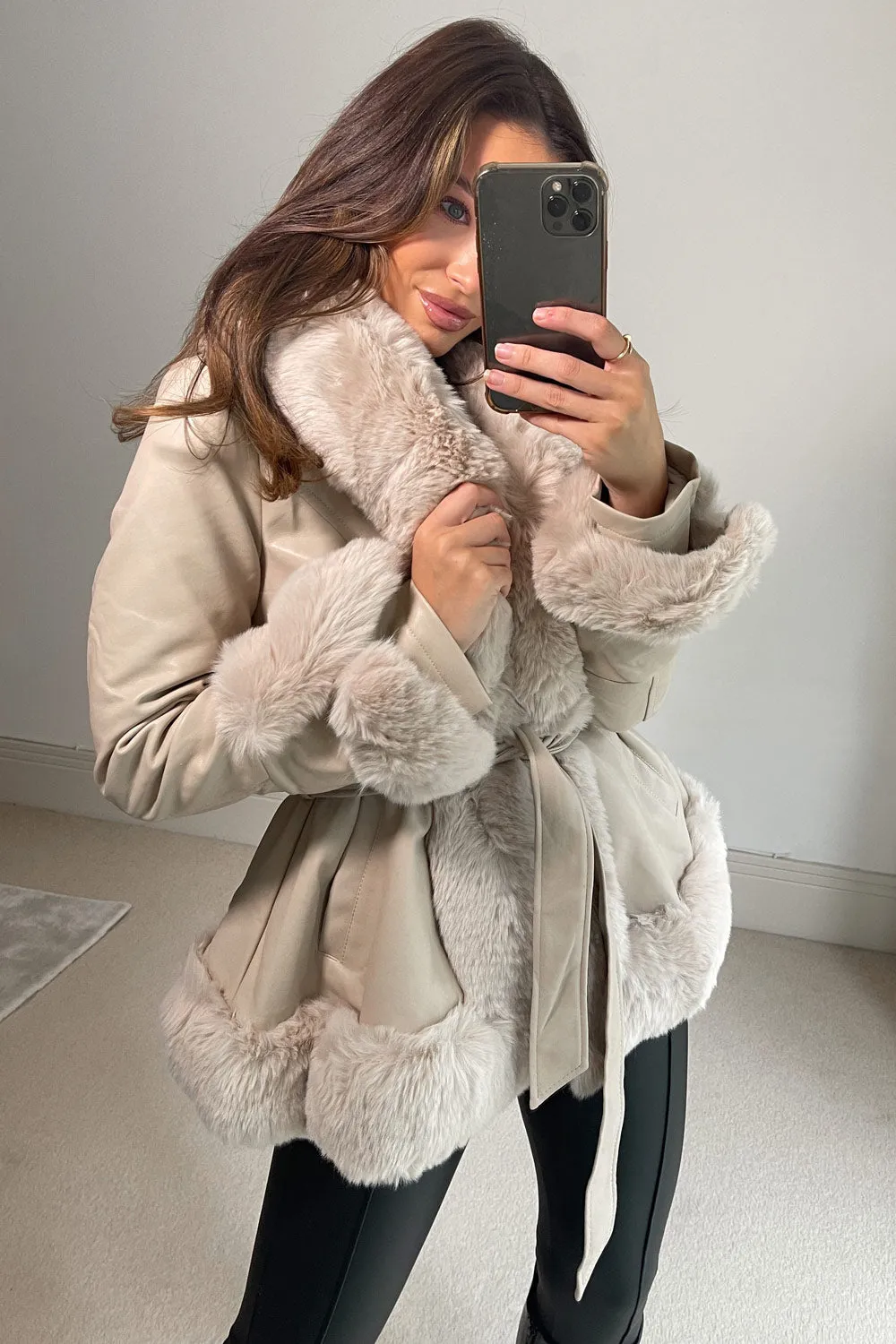 Izzy Beige PU Faux Leather Faux Fur Trim Belted Coat