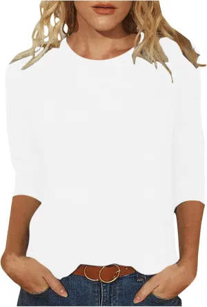 jovati 3/4 Sleeve Shirts For Women Round Neck Basic Blouses Casual Loose Fit Pullover 2024 Womens Summer Work Tops