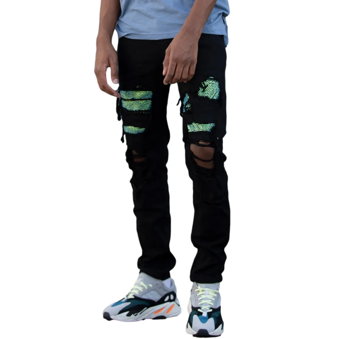 KDNK SKINNY JEANS GREEN RHINESTONES