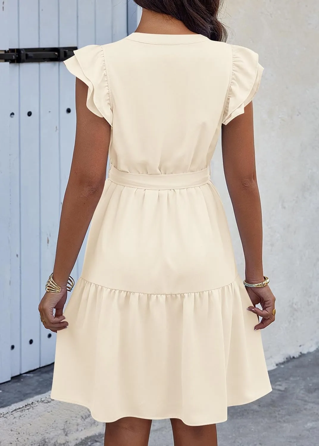 KIRUNDO Women Flutter Sleeve Summer Dress 2025 Spring V Neck Ruffle Flowy Tiered Knee Length Belted Beach Vacation Sundress