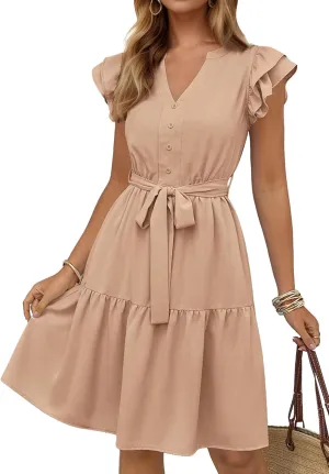 KIRUNDO Women Flutter Sleeve Summer Dress 2025 Spring V Neck Ruffle Flowy Tiered Knee Length Belted Beach Vacation Sundress