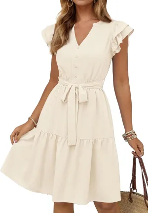 KIRUNDO Women Flutter Sleeve Summer Dress 2025 Spring V Neck Ruffle Flowy Tiered Knee Length Belted Beach Vacation Sundress