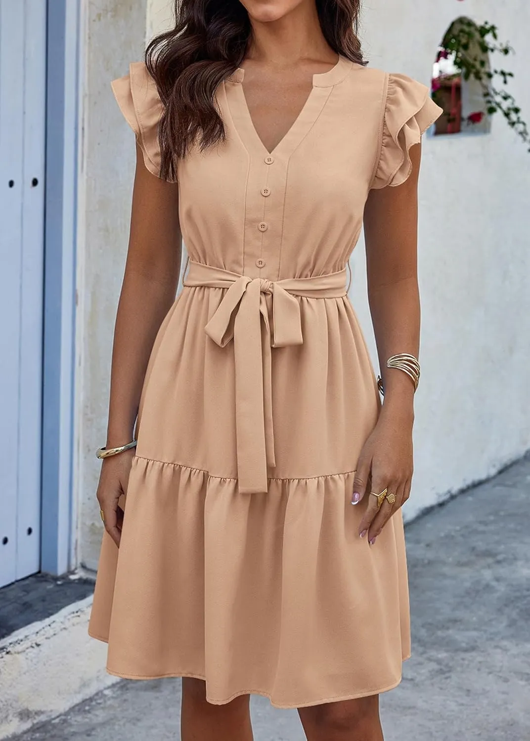 KIRUNDO Women Flutter Sleeve Summer Dress 2025 Spring V Neck Ruffle Flowy Tiered Knee Length Belted Beach Vacation Sundress