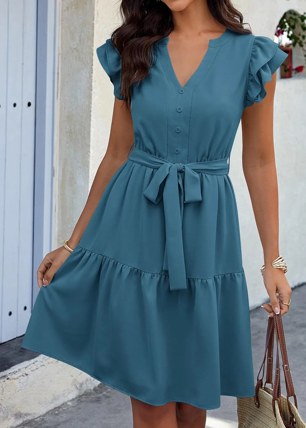 KIRUNDO Women Flutter Sleeve Summer Dress 2025 Spring V Neck Ruffle Flowy Tiered Knee Length Belted Beach Vacation Sundress