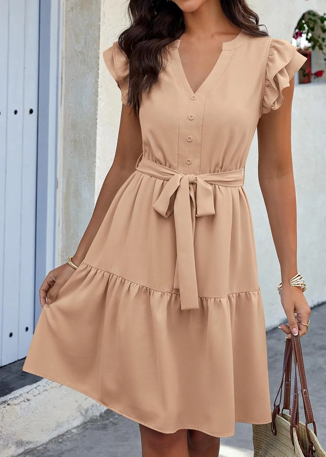 KIRUNDO Women Flutter Sleeve Summer Dress 2025 Spring V Neck Ruffle Flowy Tiered Knee Length Belted Beach Vacation Sundress