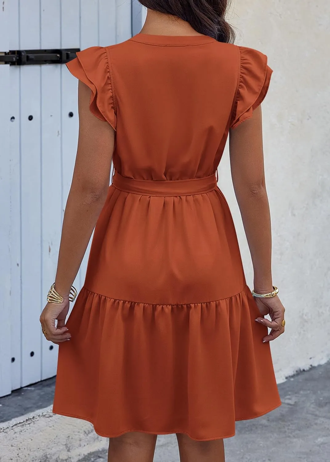 KIRUNDO Women Flutter Sleeve Summer Dress 2025 Spring V Neck Ruffle Flowy Tiered Knee Length Belted Beach Vacation Sundress