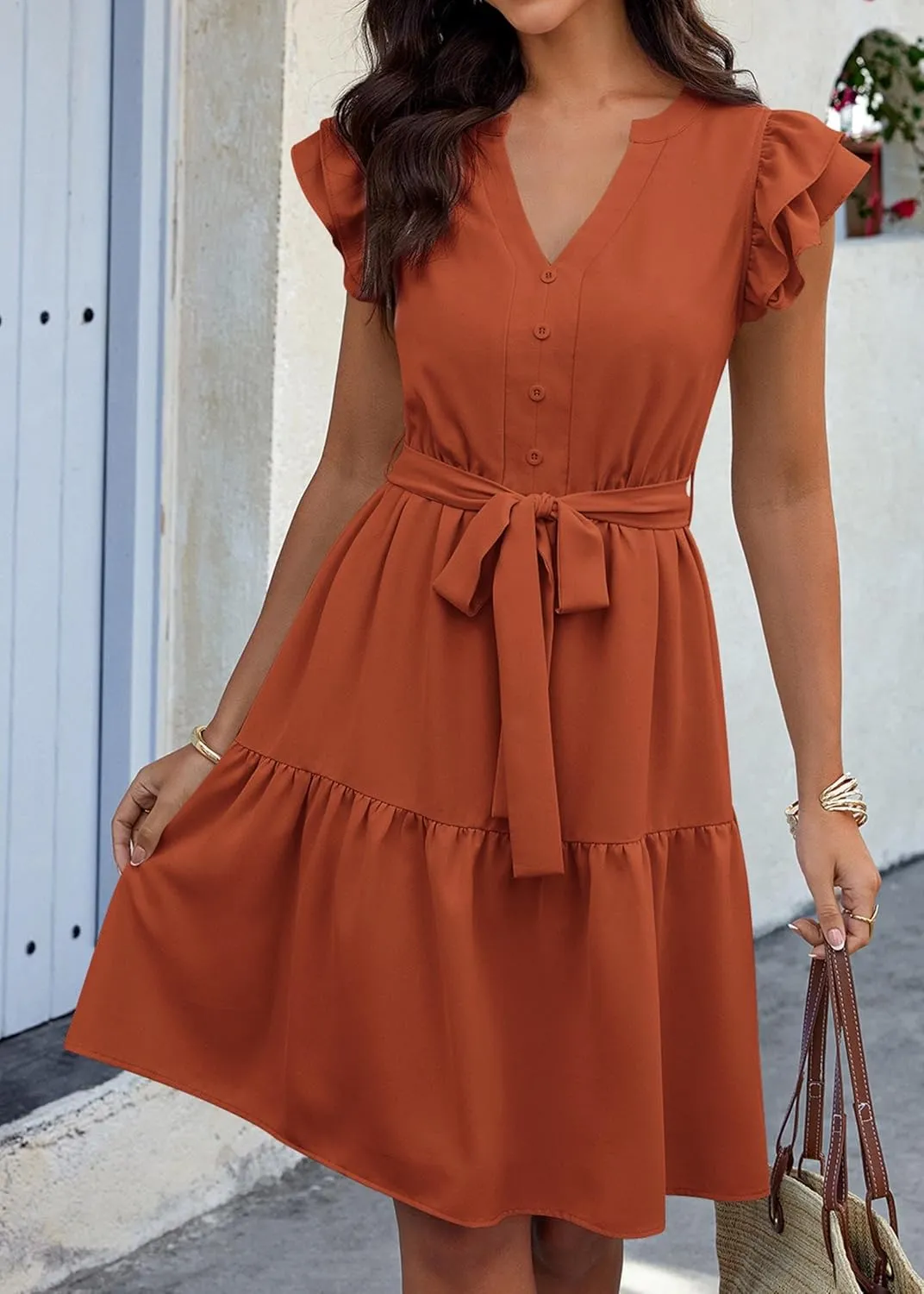 KIRUNDO Women Flutter Sleeve Summer Dress 2025 Spring V Neck Ruffle Flowy Tiered Knee Length Belted Beach Vacation Sundress