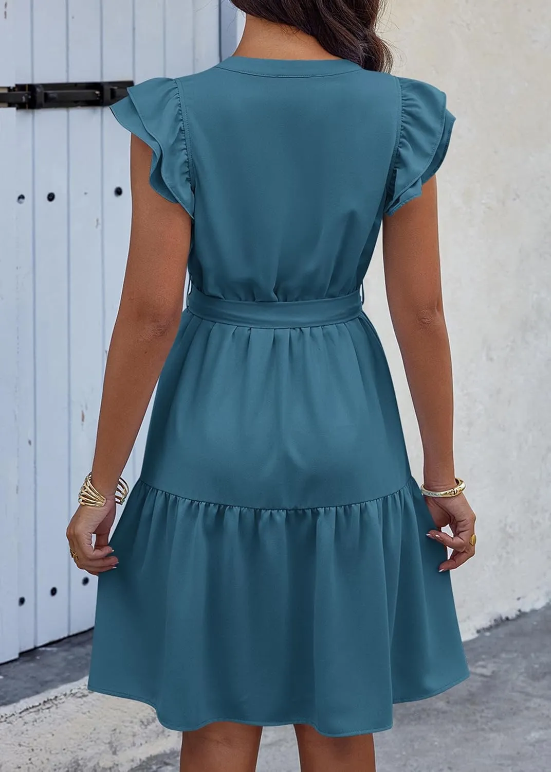 KIRUNDO Women Flutter Sleeve Summer Dress 2025 Spring V Neck Ruffle Flowy Tiered Knee Length Belted Beach Vacation Sundress