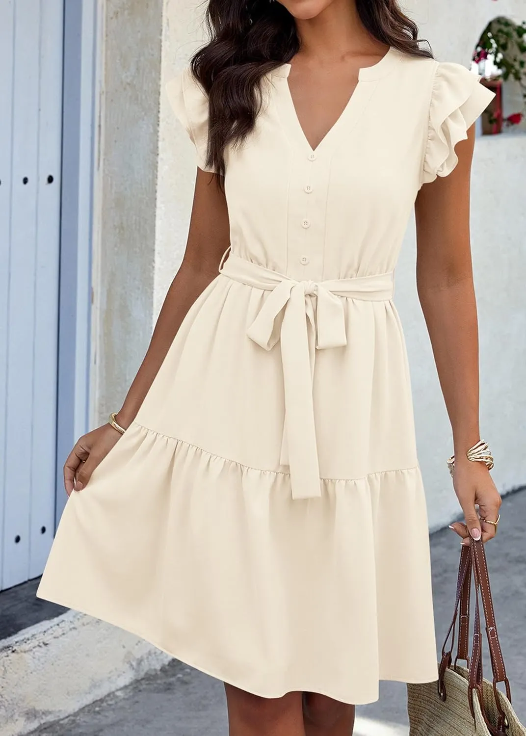 KIRUNDO Women Flutter Sleeve Summer Dress 2025 Spring V Neck Ruffle Flowy Tiered Knee Length Belted Beach Vacation Sundress