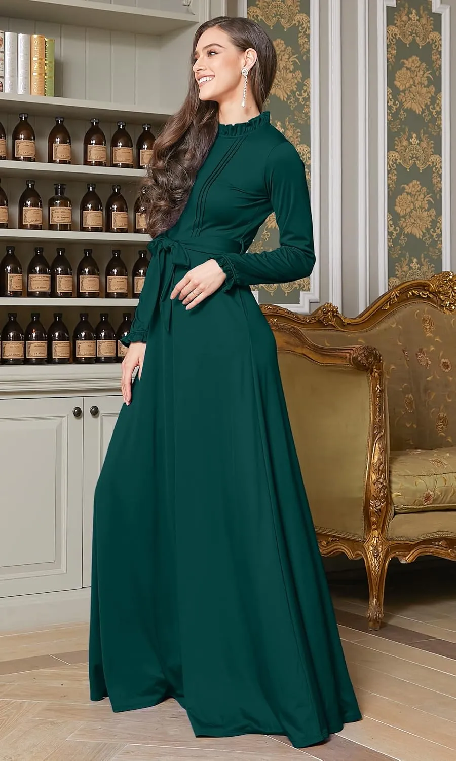 KOH KOH Womens Long Sleeve Elegant Pockets Fall Winter Evening Maxi Dress Gown