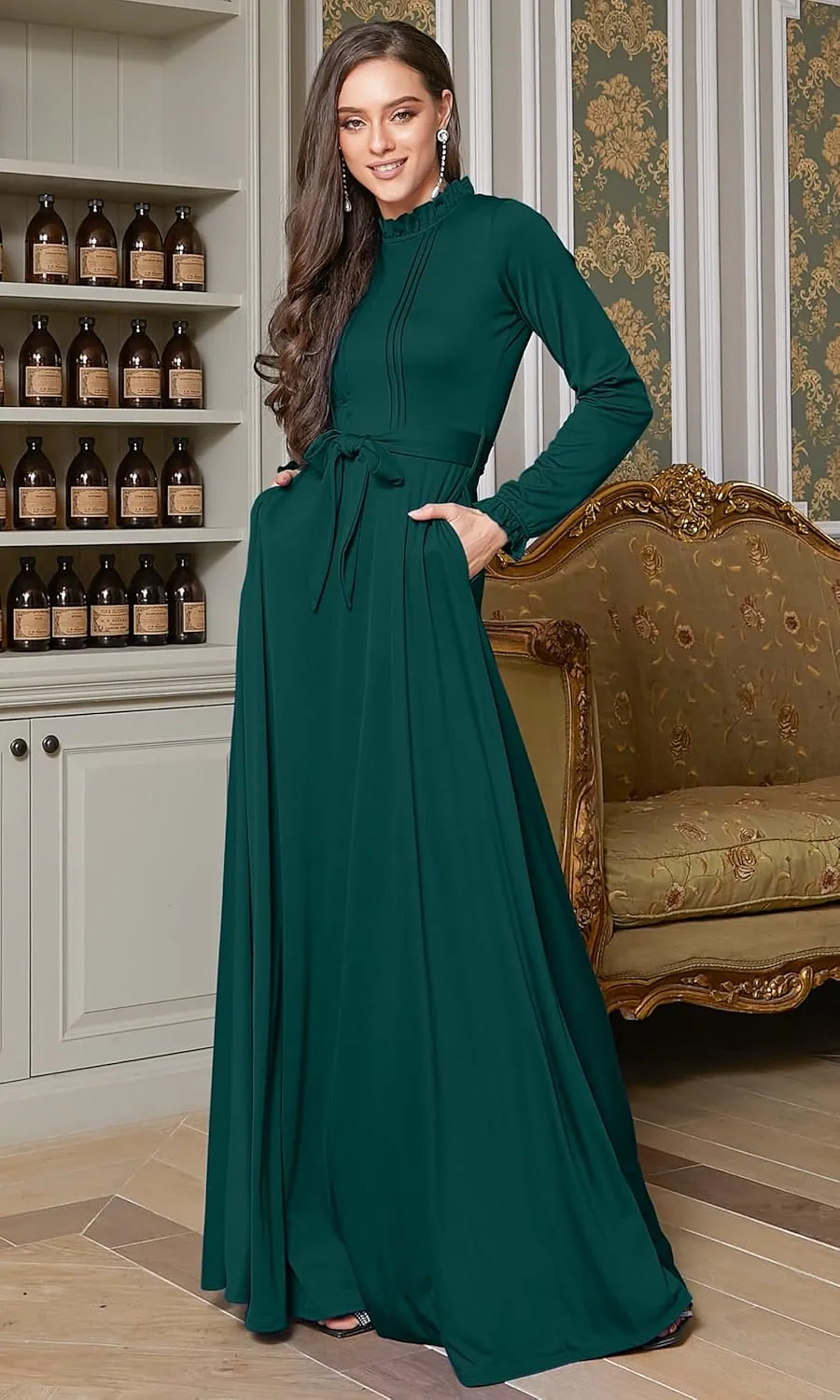 KOH KOH Womens Long Sleeve Elegant Pockets Fall Winter Evening Maxi Dress Gown