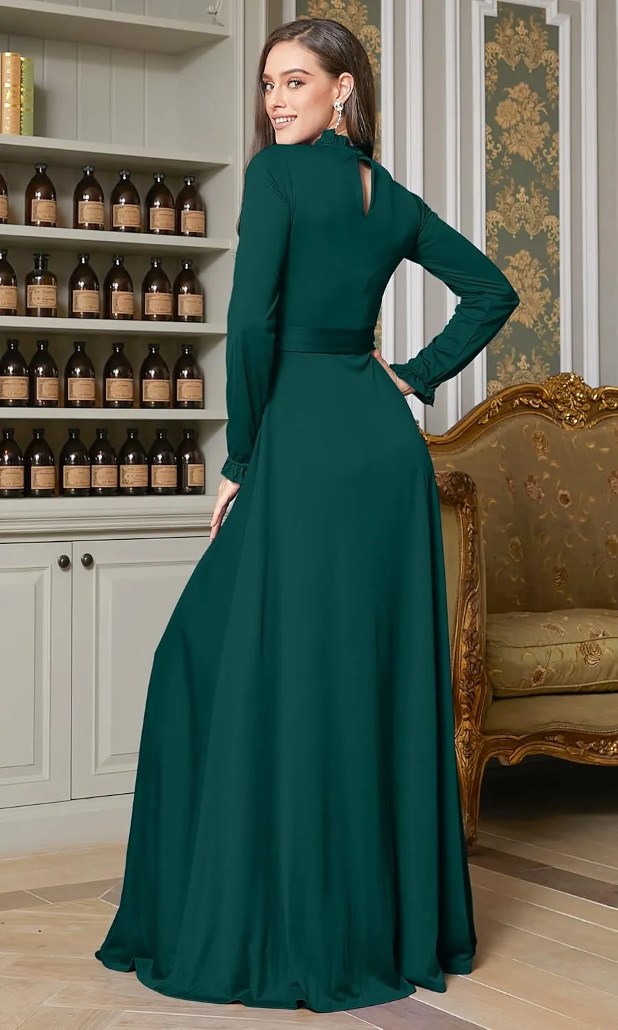 KOH KOH Womens Long Sleeve Elegant Pockets Fall Winter Evening Maxi Dress Gown