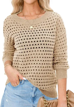 Langwyqu Womens Oversized Crochet Sweaters Trendy Sexy Knit Cotton Crew Neck Long Sleeve Hollow Out Pullover Cover Ups