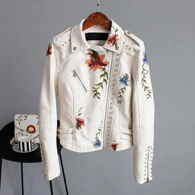 Leather Jackets  Women Faux  Embroidery Motorcycle Black Punk