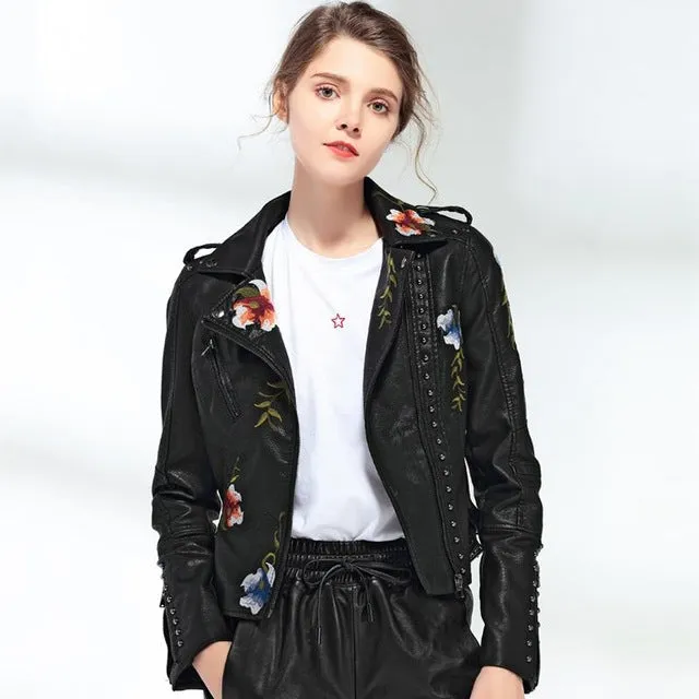 Leather Jackets  Women Faux  Embroidery Motorcycle Black Punk