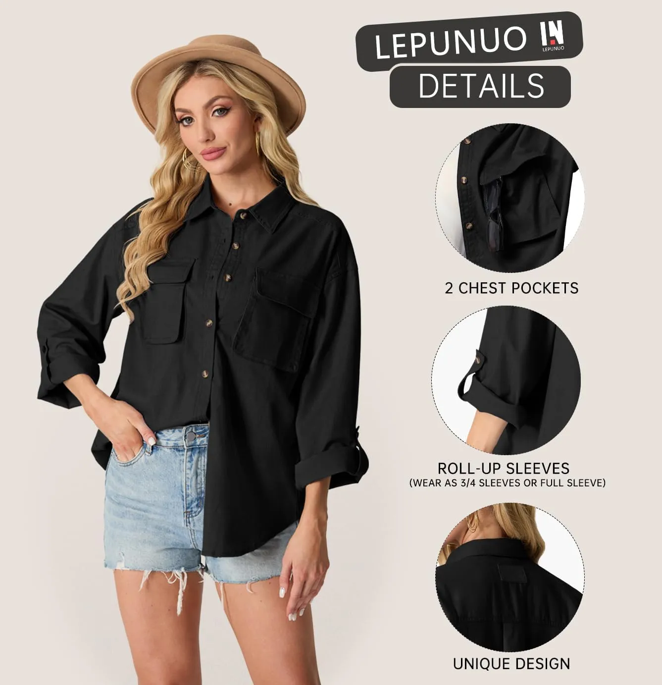 Lepunuo Womens Shacket Long Sleeve Shirt Jacket Button Down Linen Roll-up 3/4 Sleeves Shirts Blouses Tops Streetwear