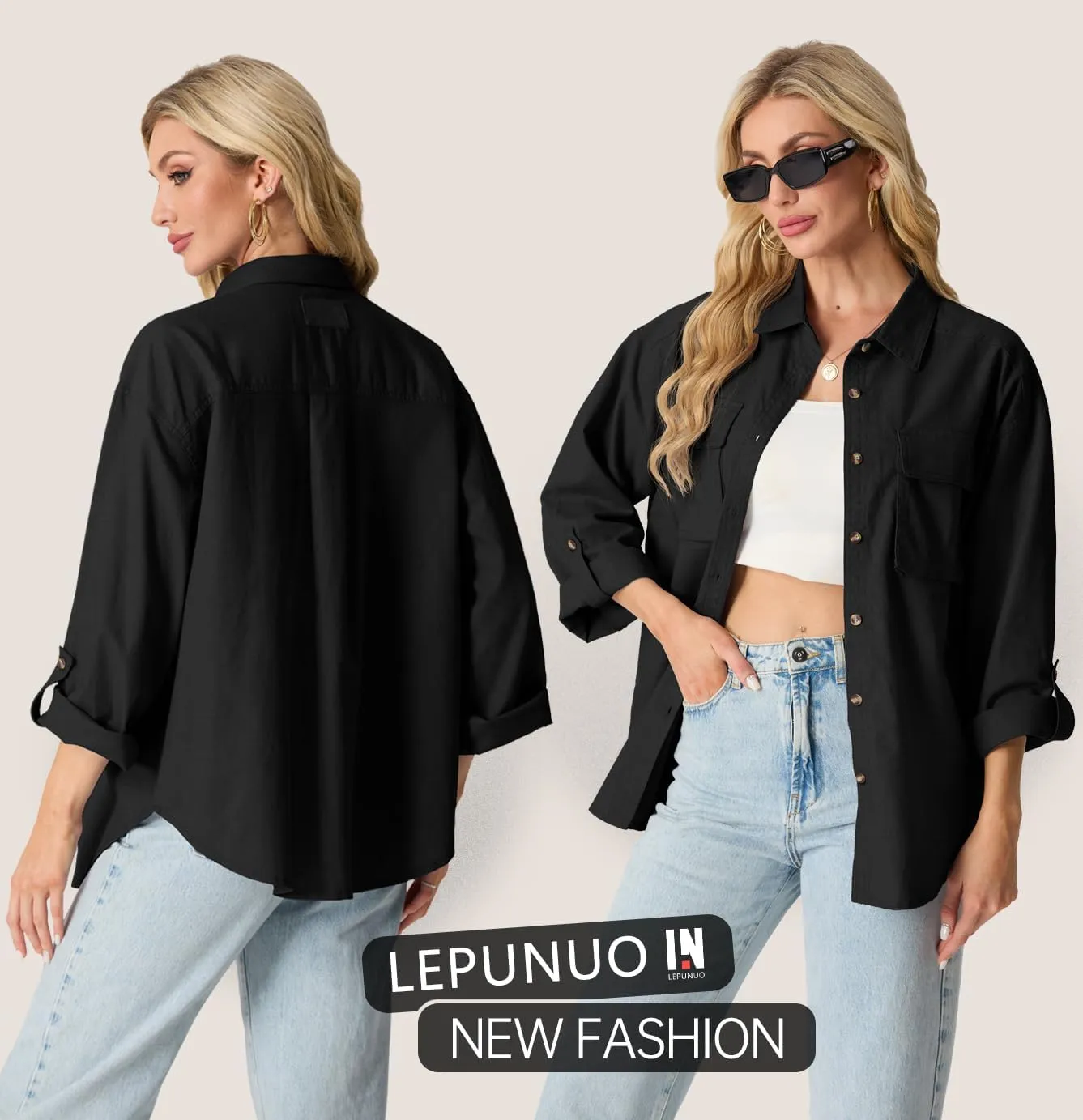 Lepunuo Womens Shacket Long Sleeve Shirt Jacket Button Down Linen Roll-up 3/4 Sleeves Shirts Blouses Tops Streetwear