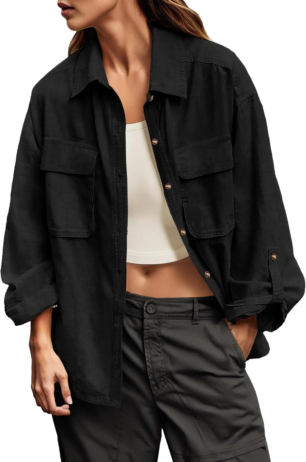 Lepunuo Womens Shacket Long Sleeve Shirt Jacket Button Down Linen Roll-up 3/4 Sleeves Shirts Blouses Tops Streetwear