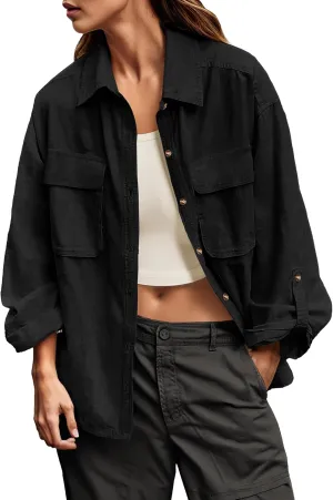 Lepunuo Womens Shacket Long Sleeve Shirt Jacket Button Down Linen Roll-up 3/4 Sleeves Shirts Blouses Tops Streetwear