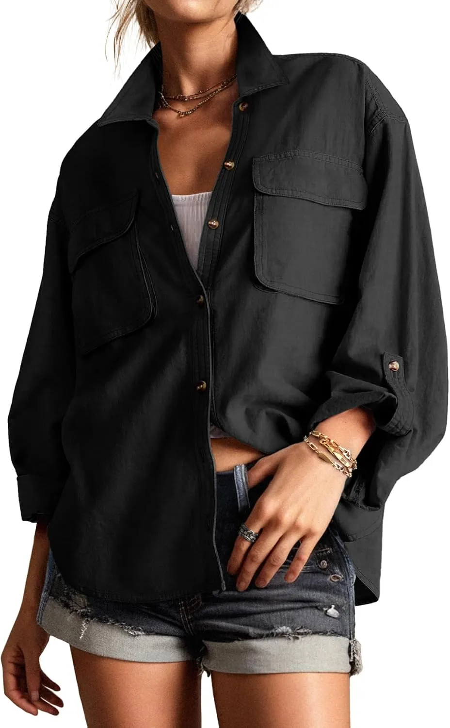 Lepunuo Womens Shacket Long Sleeve Shirt Jacket Button Down Linen Roll-up 3/4 Sleeves Shirts Blouses Tops Streetwear