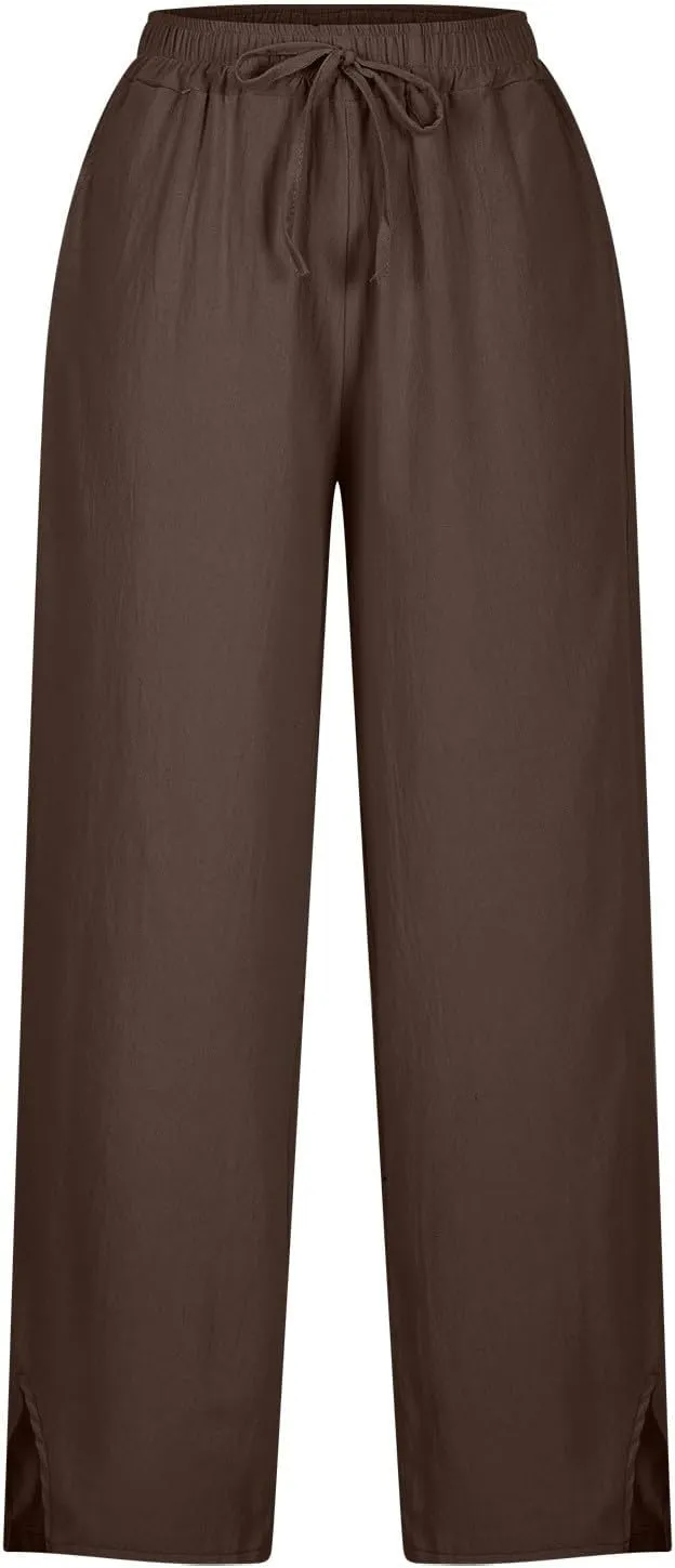 Linen Pants for Women 2025 Trendy Summer High Waist Elastic Lounge Pant Loose Fit Soft Lightweight Beach Trousers