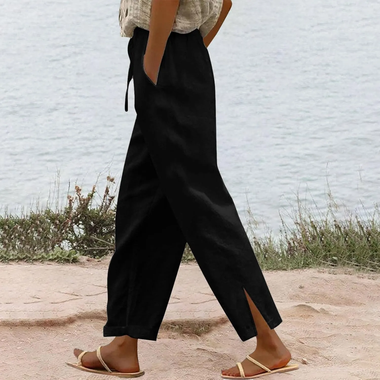 Linen Pants for Women 2025 Trendy Summer High Waist Elastic Lounge Pant Loose Fit Soft Lightweight Beach Trousers