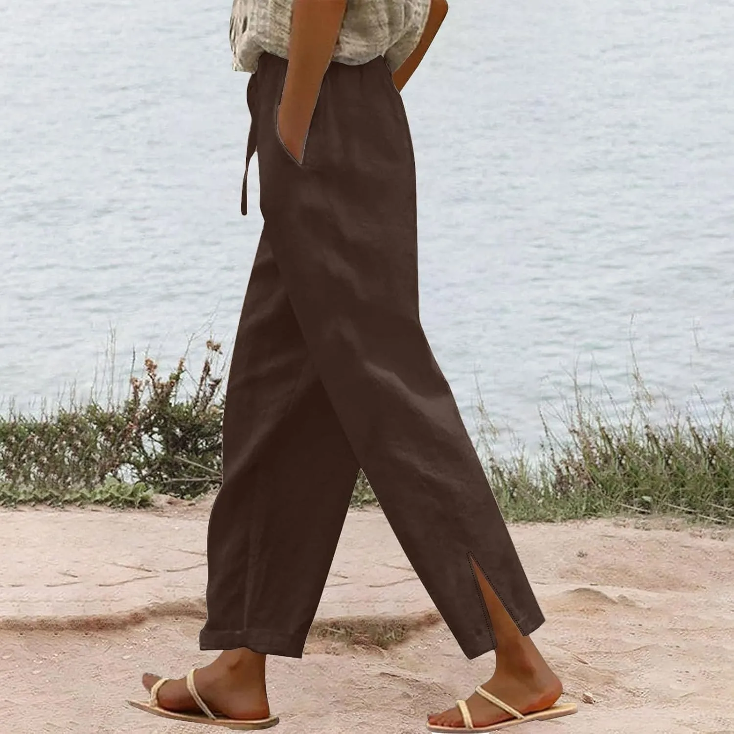 Linen Pants for Women 2025 Trendy Summer High Waist Elastic Lounge Pant Loose Fit Soft Lightweight Beach Trousers