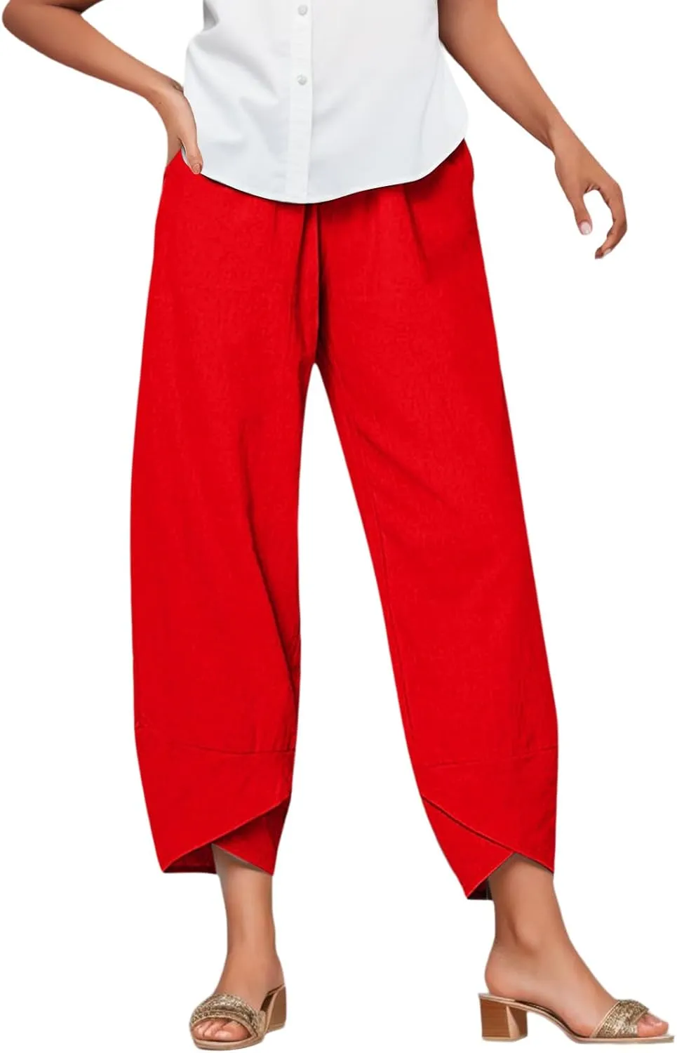 Linen Pants Women Casual Summer Capris Lightweight Cropped Pant Baggy Palazzo Pants Soft Wide Leg Trousers Pants with Pockets