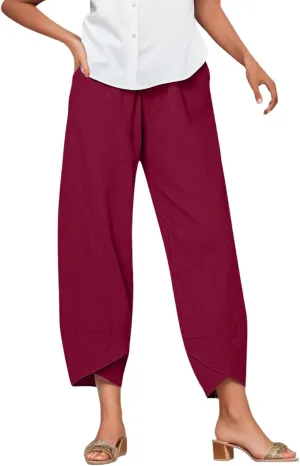 Linen Pants Women Casual Summer Capris Lightweight Cropped Pant Baggy Palazzo Pants Soft Wide Leg Trousers Pants with Pockets