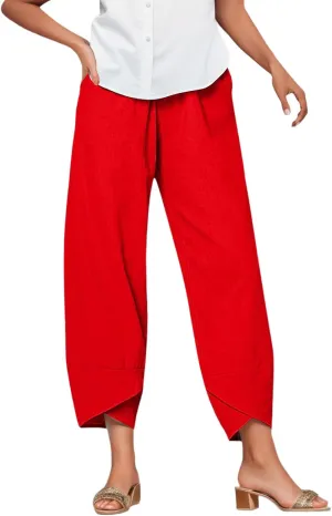 Linen Pants Women Casual Summer Capris Lightweight Cropped Pant Baggy Palazzo Pants Soft Wide Leg Trousers Pants with Pockets
