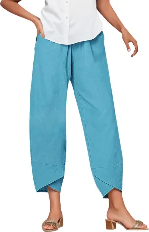 Linen Pants Women Casual Summer Capris Lightweight Cropped Pant Baggy Palazzo Pants Soft Wide Leg Trousers Pants with Pockets
