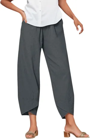 Linen Pants Women Casual Summer Capris Lightweight Cropped Pant Baggy Palazzo Pants Soft Wide Leg Trousers Pants with Pockets